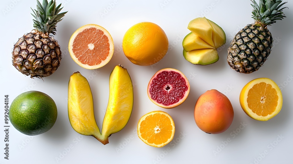 Vibrant tropical fruits on a clean white surface Vibrant tropical fruits on a clean white surface