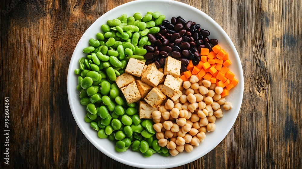 A vibrant bowl of mixed legumes, tofu, and vegetables, showcasing healthy, colorful ingredients on a rustic wooden background. A vibrant bowl of mixed legumes, tofu, and vegetables, showcasing healthy, colorful ingredients on a rustic wooden background.
