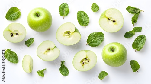 Fresh green apples and mint leaves on a white background