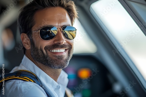 Portrait of a handsome, smiling male pilot in an airplane, wearing sunglasses and a white shirt with a blue collar. 