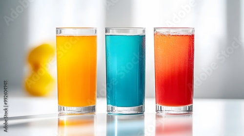 Vibrant juice in clear glasses on a clean white surface