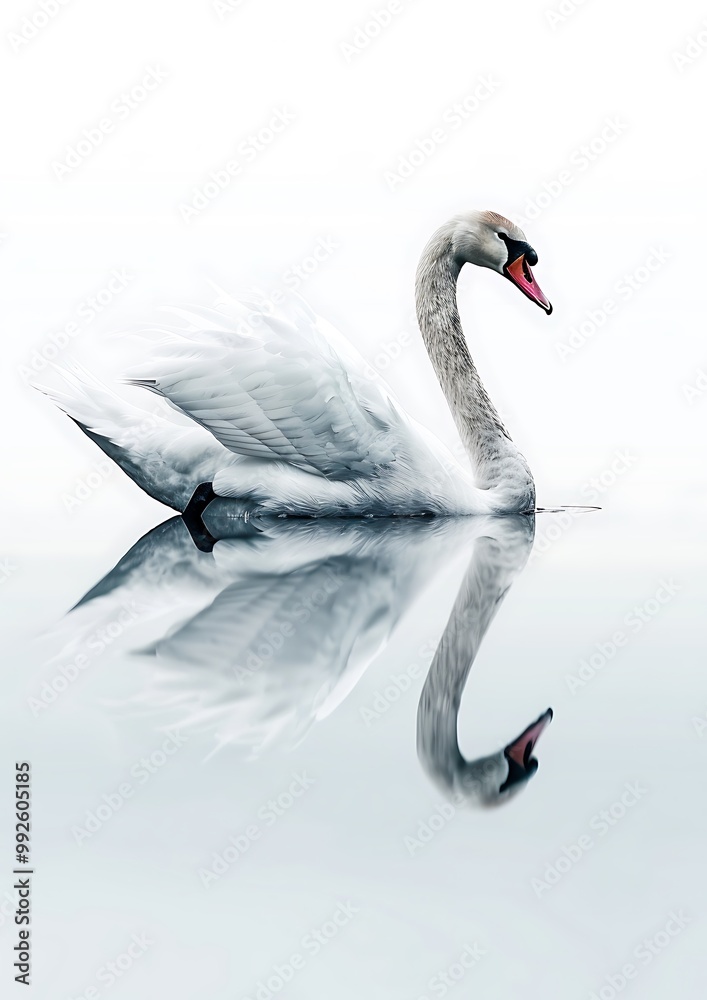 Fototapeta premium A beautiful swan gliding gracefully on a reflective surface with a pristine white background accentuating its elegant form and pure white feathers