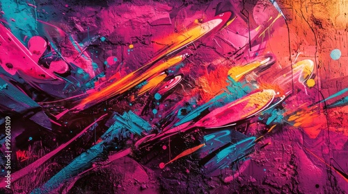 Energetic graffiti wall with layers of abstract street art, bold splashes of neon colors
