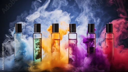 Elegant dropper bottles filled with vivid liquids, surrounded by swirling colorful smoke on a dark background, evoke a mood of mystique and allure.