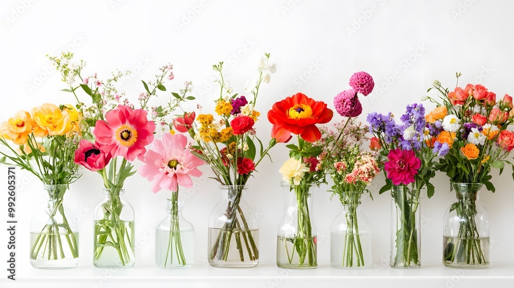 Bright floral arrangements in glass vases on a white backdrop Bright floral arrangements in glass vases on a white backdrop