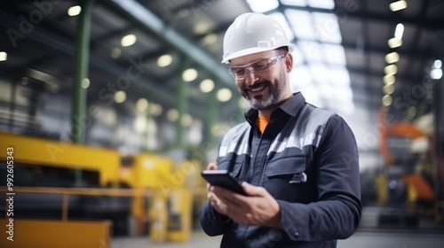 Smiling engineer in a modern factory, holding a smartphone, representing technology and efficiency in modern industry.