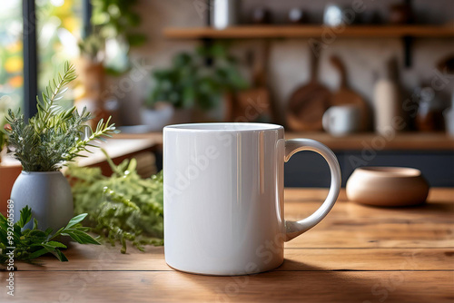 A mockup cup of coffee on the table with kitchen background