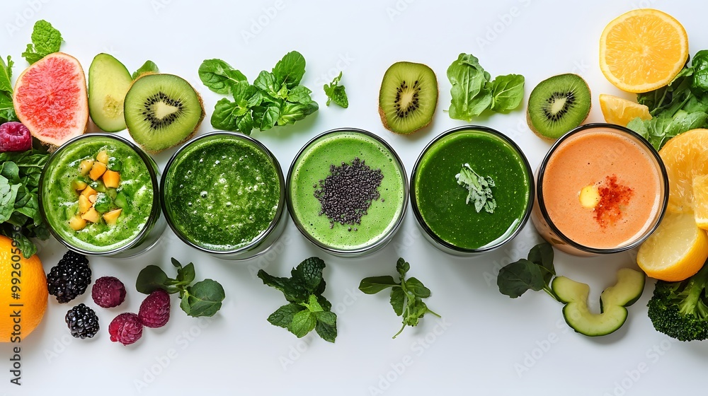 Refreshing green smoothies with fresh toppings on a white background Refreshing green smoothies with fresh toppings on a white background