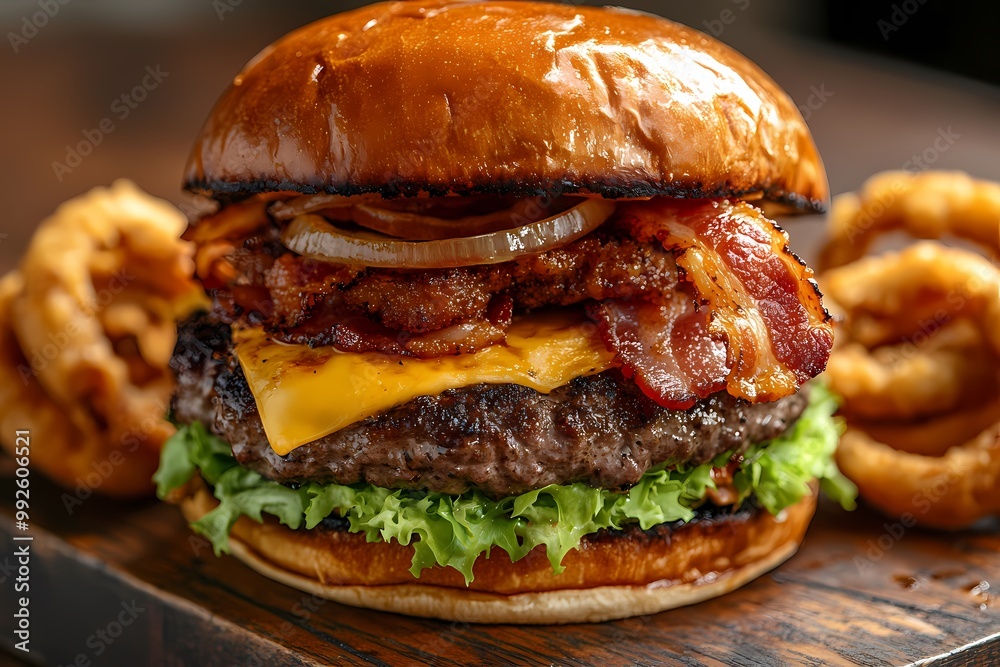 Food photography of an oversized burger with double meat, cheese, and bacon on top Food photography of an oversized burger with double meat, cheese, and bacon on top