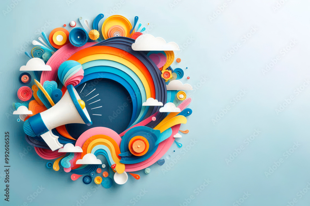 Megaphone and rainbow patterns on a clean background. Space for text. Megaphone and rainbow patterns on a clean background. Space for text.