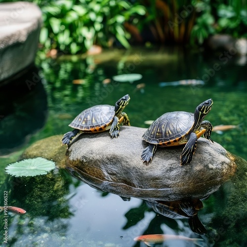 Turtles basking on a rock in a clear river, surrounded by water plants, fish swimming below, a harmonious river habitat
