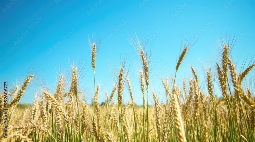 A field of rye with a clear blue sky overhead, capturing the beauty of agricultural landscapes. A field of rye with a clear blue sky overhead, capturing the beauty of agricultural landscapes.