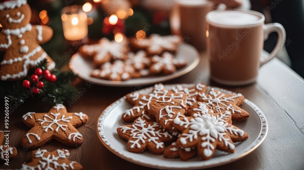 Family gathered around the dining table with plates of gingerbread cookies and hot cocoa, Christmas treats, holiday coziness