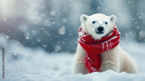 A polar bear cub with a red scarf in a winter wonderland