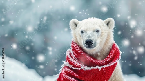 A polar bear cub with a red scarf in a winter wonderland