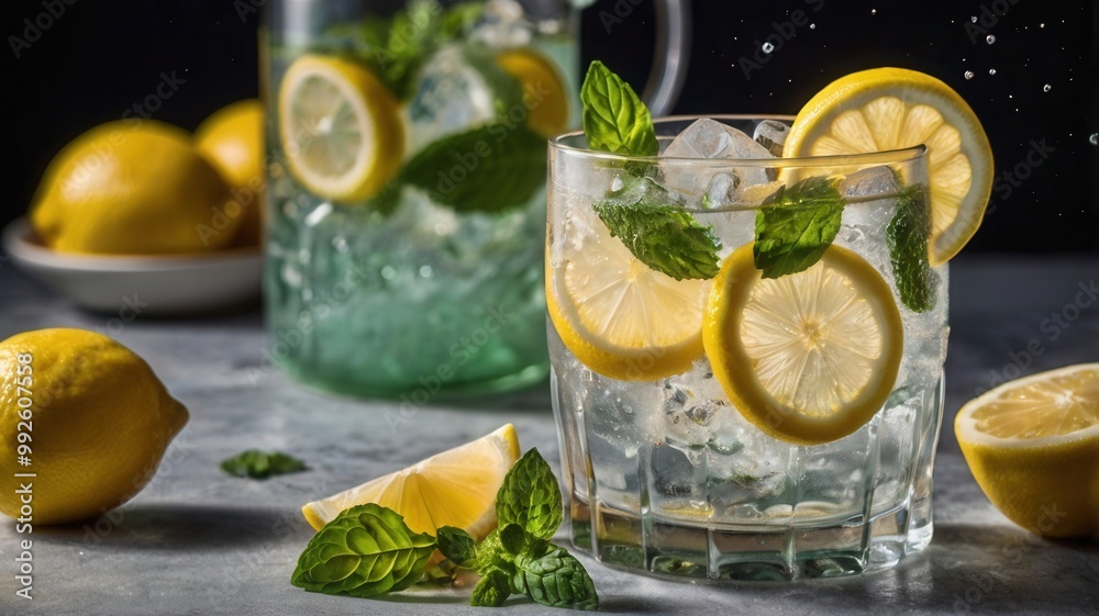 a glass of lemonade and mint leaves on it a glass of lemonade and mint leaves on it