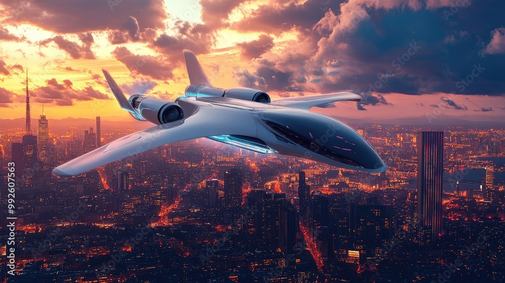A futuristic aircraft flying above a vibrant city skyline, illustrating advancements in aviation technology. A futuristic aircraft flying above a vibrant city skyline, illustrating advancements in aviation technology.