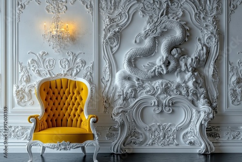 luxury classic white castle with elegant and strong dragon carving scene, elegant classic wall lamp and calssic wooden yellow chair with royal carving isolated on dark background  photo