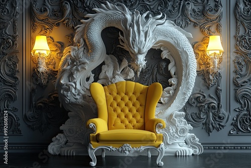 luxury classic white castle with elegant and strong dragon carving scene, elegant classic wall lamp and calssic wooden yellow chair with royal carving isolated on dark background  photo