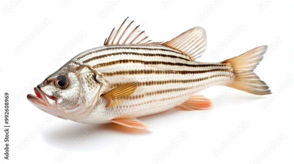 Fototapeta premium Fresh, appetizing white striped bass fish on a clean white background, perfect for culinary presentations.