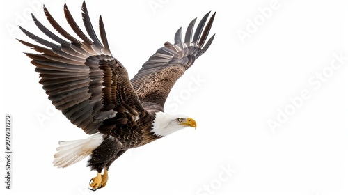 Majestic eagle soaring high, wings spread wide, showcasing power and freedom against a clean white canvas.