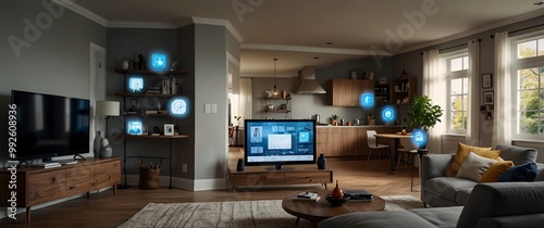 smart home, featuring various connected devices and appliances, shot from a low angle with a wide-angle lens, living network power room, security, smart system home modern technology concept