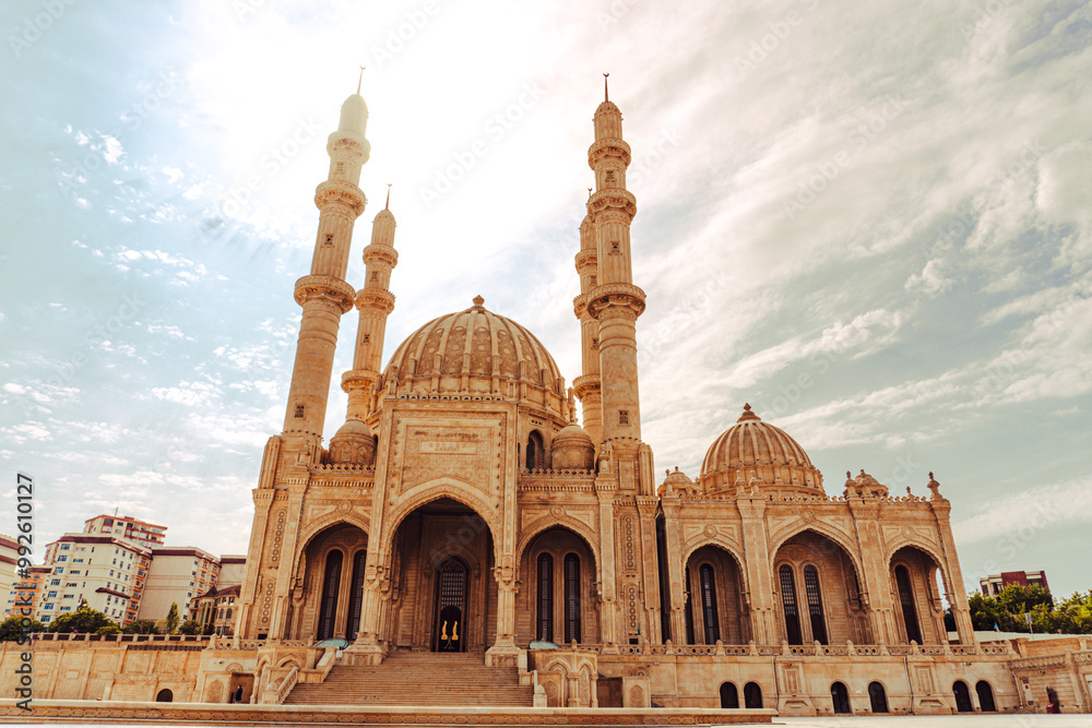 Fototapeta premium Capture of Heydar Mosque in Baku, Azerbaijan. Religion and Hospitality Concept. Religious Travel. Islam.