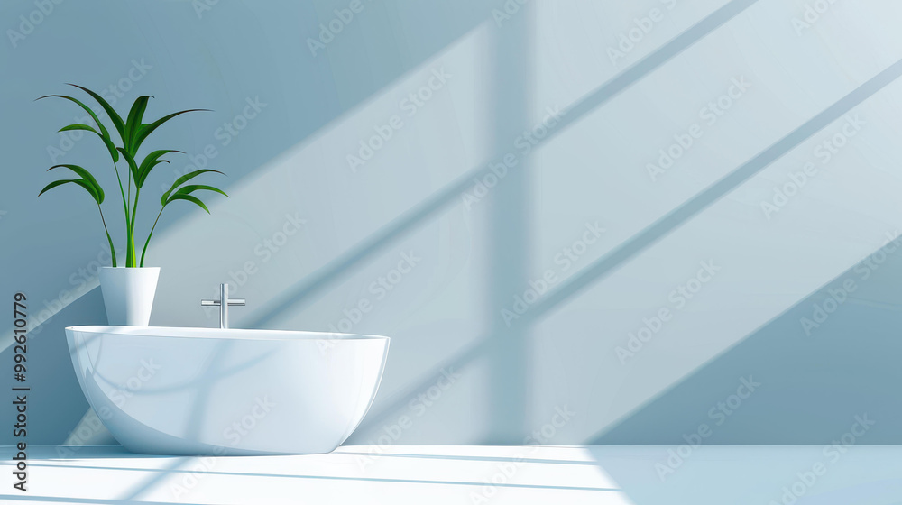 A sleek, modern bathroom design with a white freestanding tub and a touch of greenery for a refreshing look. A sleek, modern bathroom design with a white freestanding tub and a touch of greenery for a refreshing look.