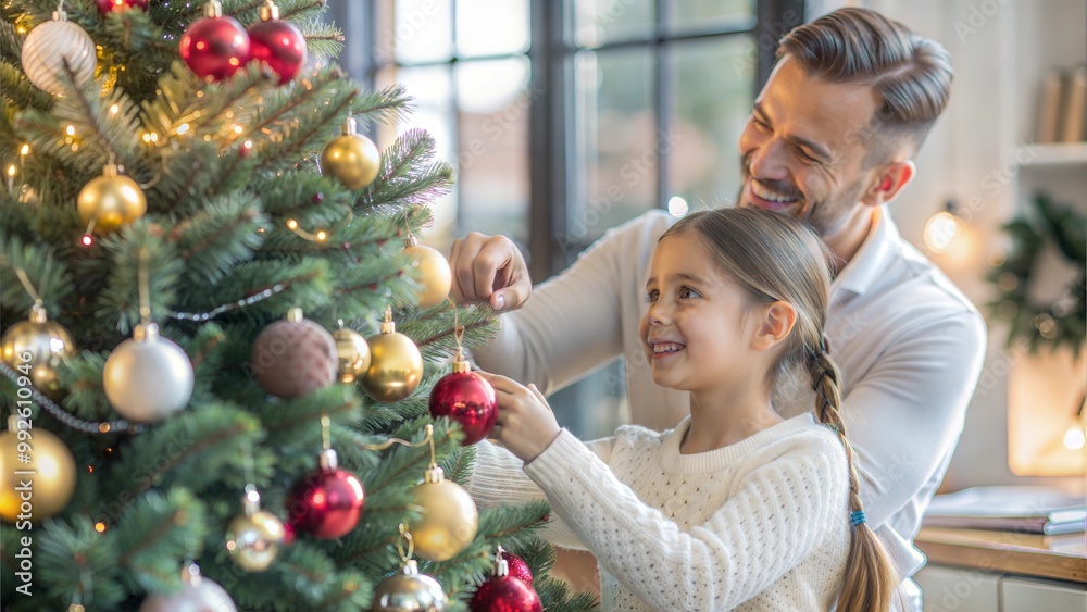 Happy dad and his daughter decorate the house christmas tree , smiling young girl enjoying festive activities concept Happy dad and his daughter decorate the house christmas tree , smiling young girl enjoying festive activities concept