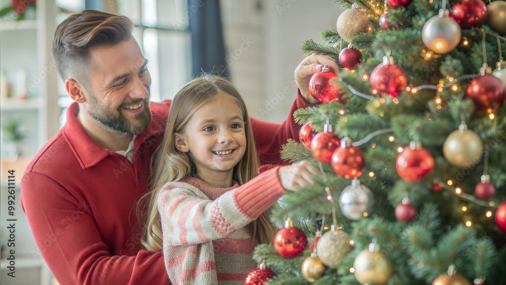 Happy dad and his daughter decorate the house christmas tree , smiling young girl enjoying festive activities concept Happy dad and his daughter decorate the house christmas tree , smiling young girl enjoying festive activities concept