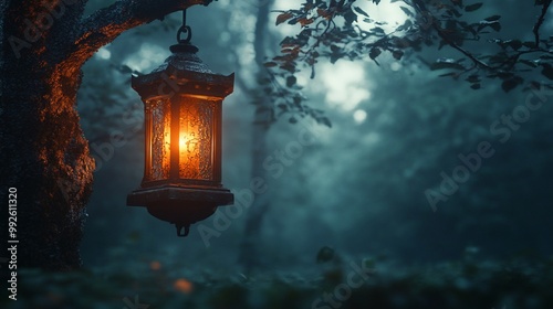 A lone lantern hangs from a tree branch in a misty forest, casting a warm glow.