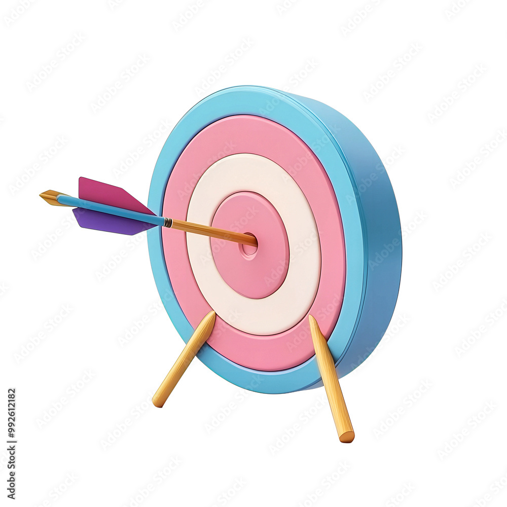 3D Cartoon Style Arrow Hitting the Bullseye Target Icon, Floating on a Transparent Background PNG