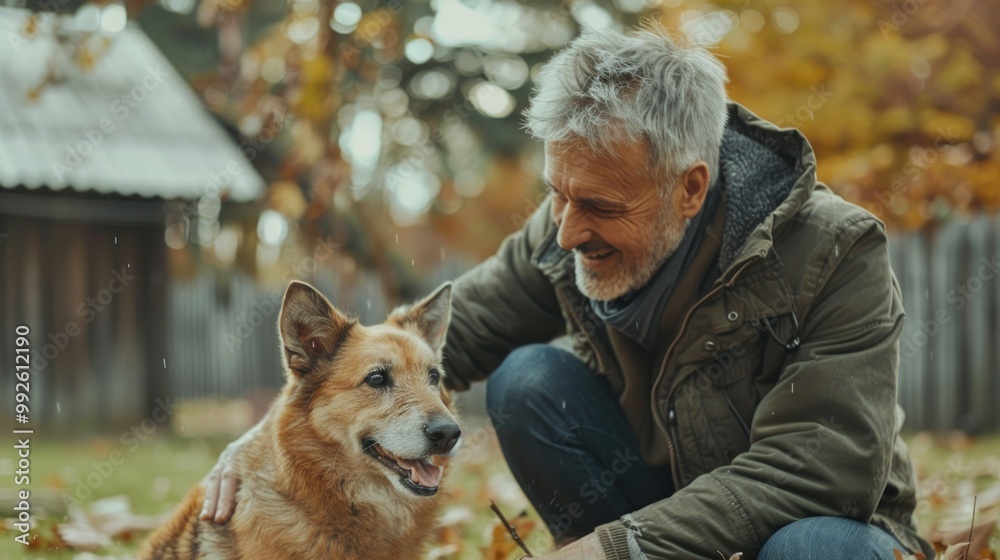 Happy middle aged man playing with his dog in the yard Happy middle aged man playing with his dog in the yard