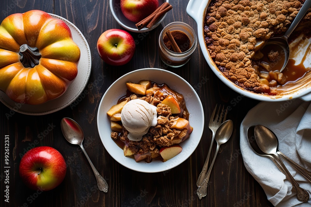Scrumptious Caramel Apple Crisp with Cinnamon Ice Cream for a Festive Thanksgiving Table