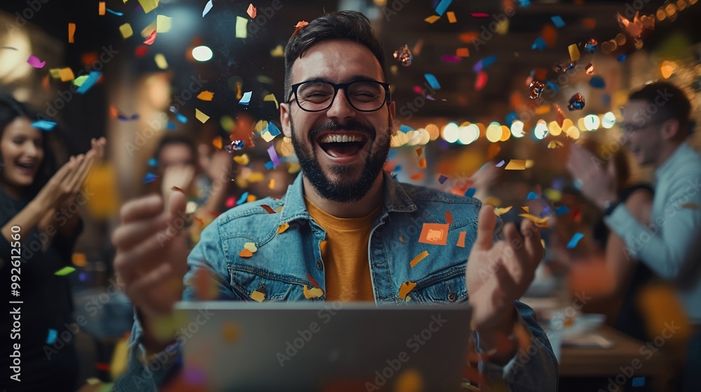A man laughs with joy as confetti falls around him, celebrating success with his team. A man laughs with joy as confetti falls around him, celebrating success with his team.