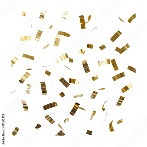 Falling shiny golden confetti isolated on transparent background. Bright festive tinsel of gold color photo