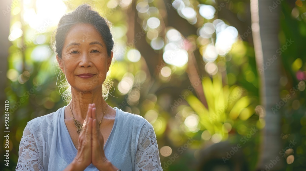 Middle aged Asian woman practicing yoga outdoors Middle aged Asian woman practicing yoga outdoors