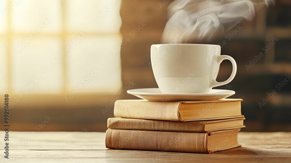A cozy scene with a steaming cup of coffee on a saucer placed on stacked books, set by a window with soft sunlight, creating a warm and inviting atmosphere. A cozy scene with a steaming cup of coffee on a saucer placed on stacked books, set by a window with soft sunlight, creating a warm and inviting atmosphere.