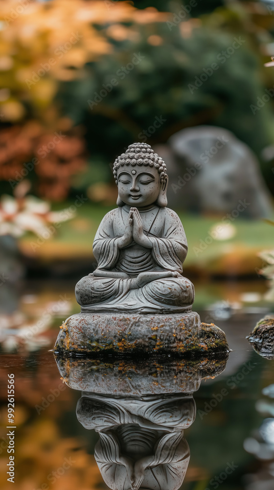 Buddha Statue in Peaceful Garden Setting with Reflection on Calm Water Surface Buddha Statue in Peaceful Garden Setting with Reflection on Calm Water Surface
