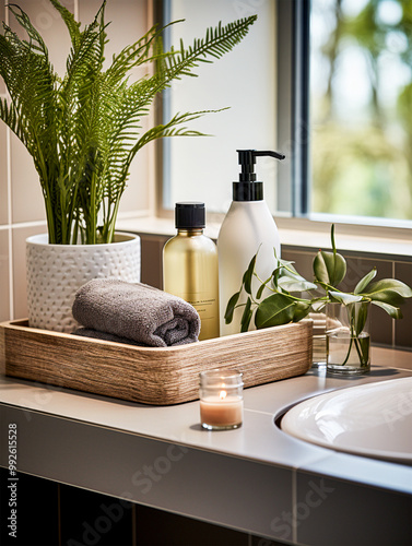 Modern luxury bathroom with cosmetic products