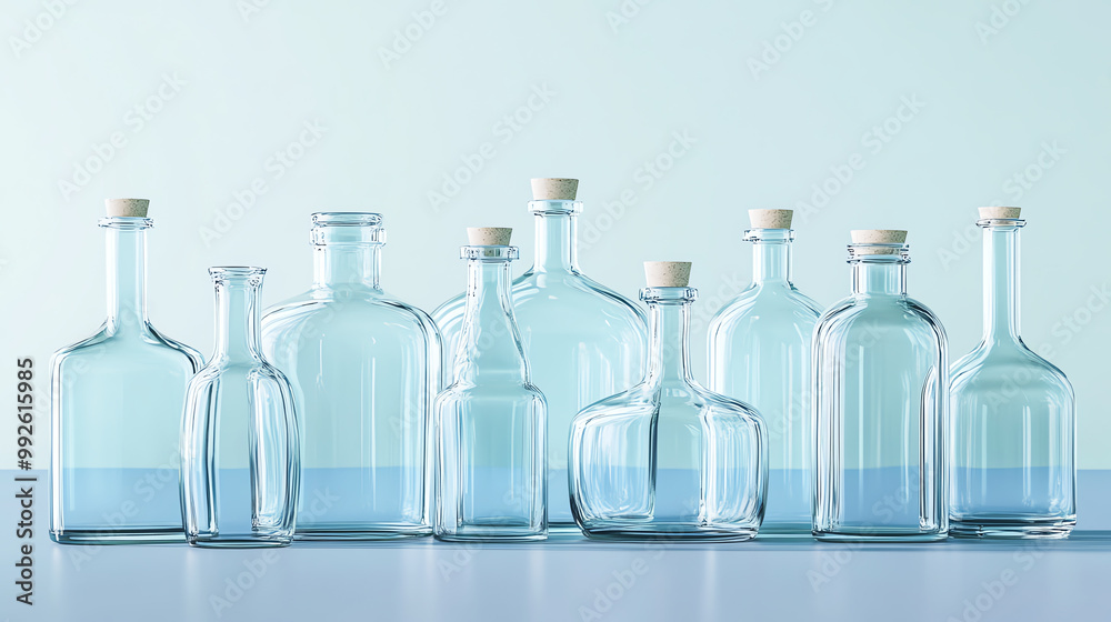 A collection of empty glass bottles with cork stoppers, arranged in a row on a light blue background.