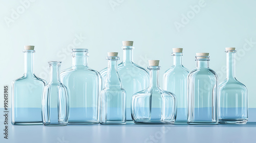Obraz na płótnie A collection of empty glass bottles with cork stoppers, arranged in a row on a light blue background. w salonie