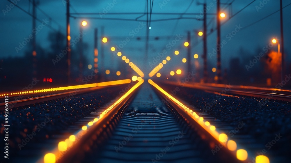 A pair of train tracks recede into the distance, illuminated by streetlights on a foggy night.