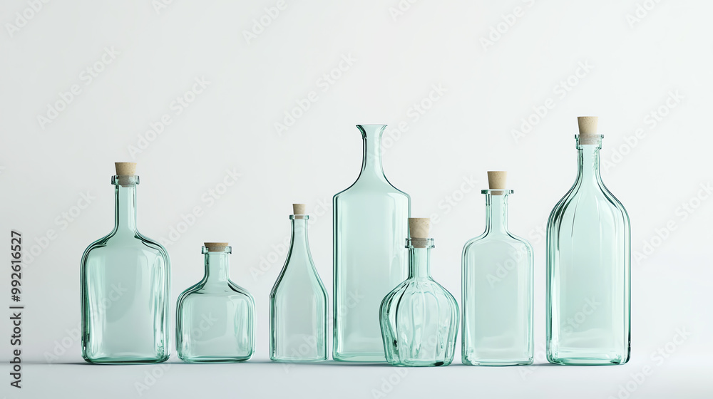 A group of empty glass bottles with cork stoppers on a white background. A group of empty glass bottles with cork stoppers on a white background.