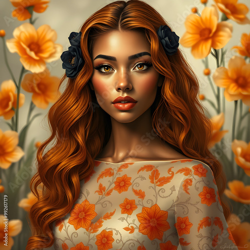 Woman with orange hair and orange dress photo