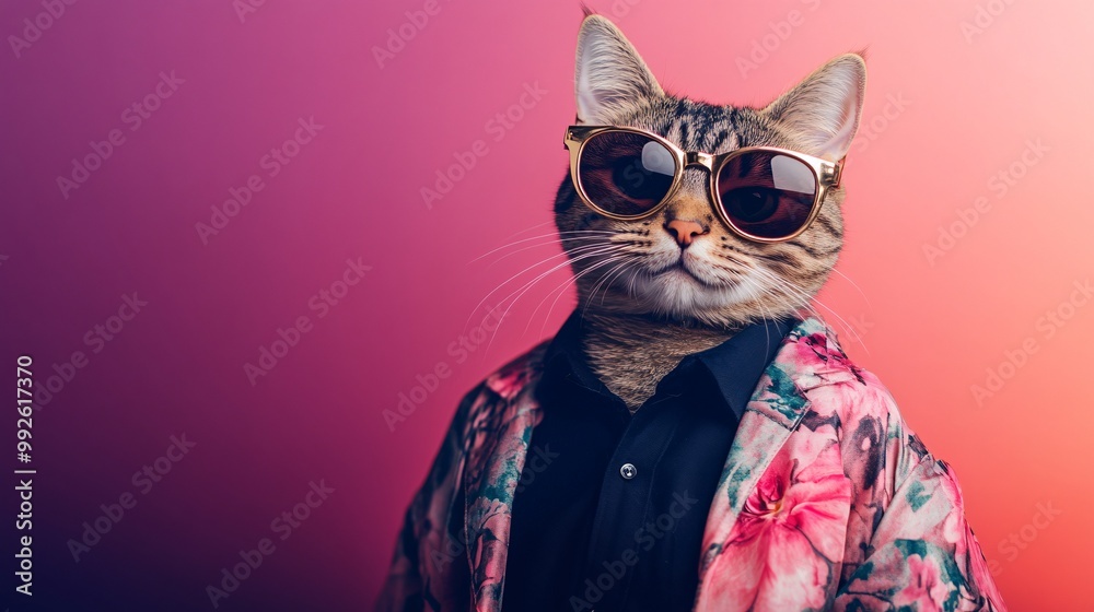 Fototapeta premium Cat in sunglasses, stylish floral outfit.