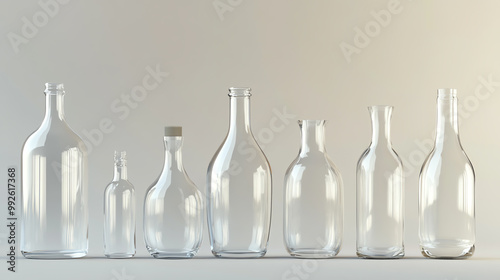 A row of empty glass bottles of various shapes and sizes against a white background.