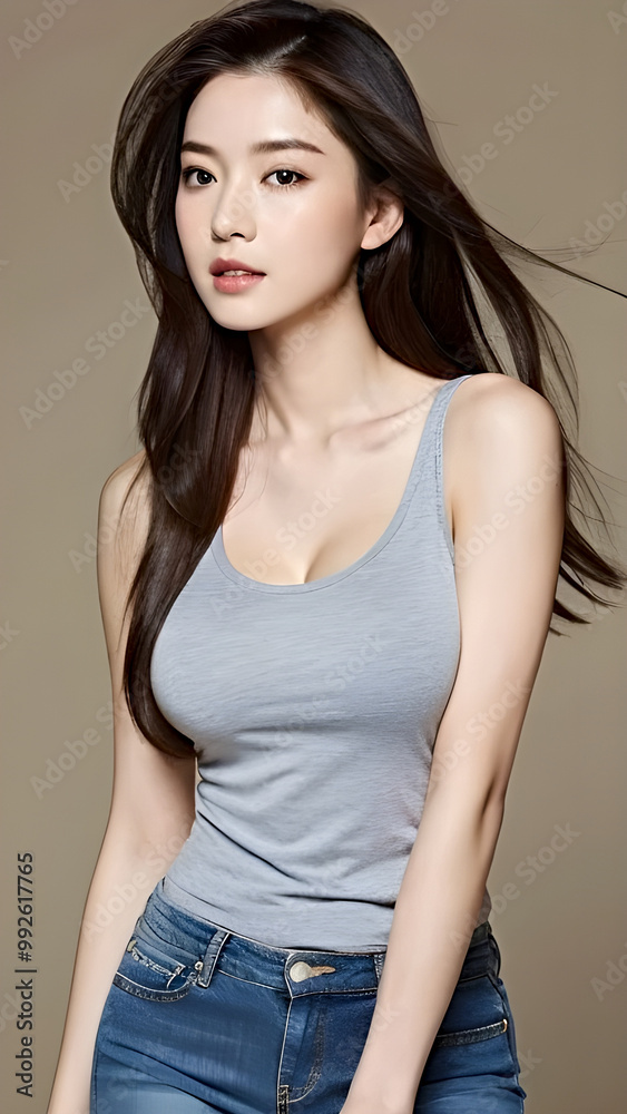 Beautiful young Asian woman in casual clothes, studio shot. Beautiful young Asian woman in casual clothes, studio shot.