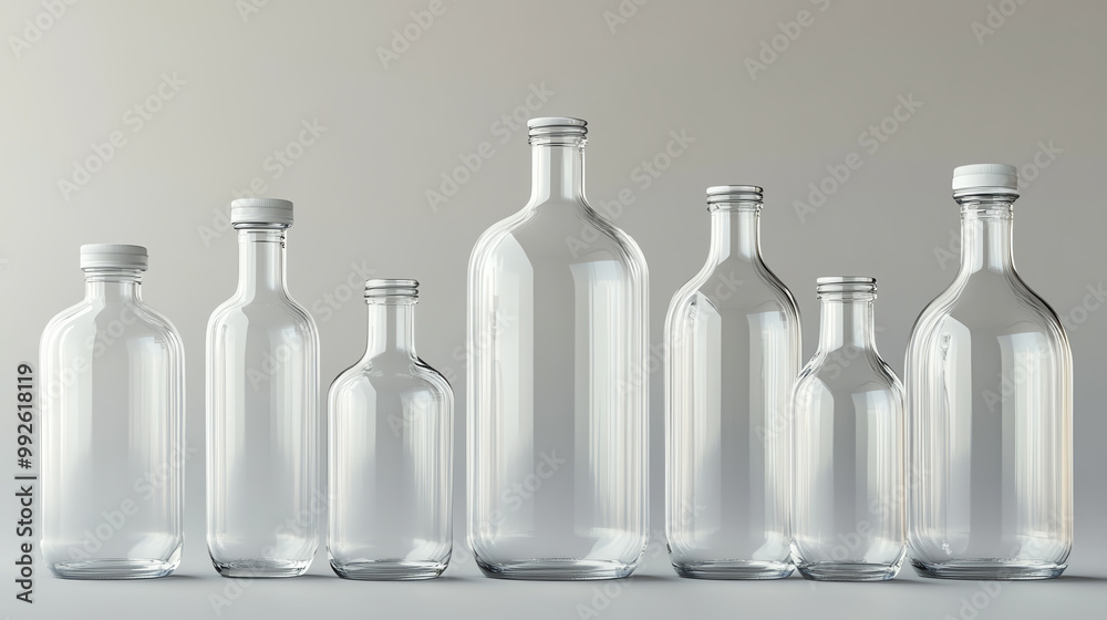 A row of empty glass bottles of varying sizes, arranged in a minimalist setting. A row of empty glass bottles of varying sizes, arranged in a minimalist setting.