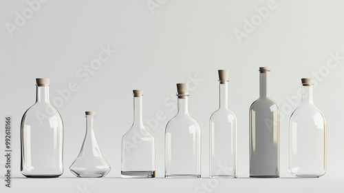 A row of empty glass bottles with cork stoppers on a white background.